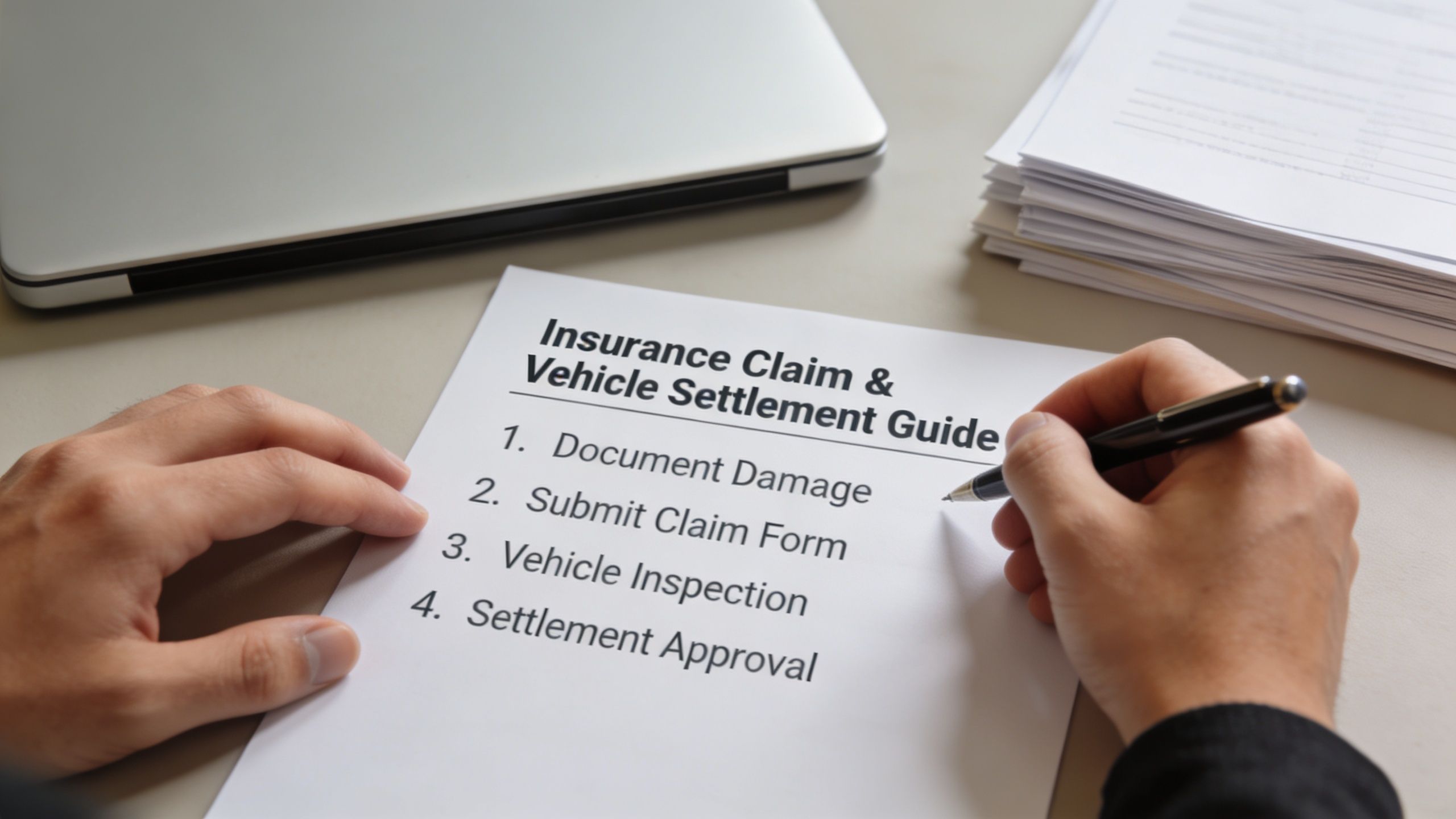 A person holding a pen over a document titled Insurance Claim & Vehicle Settlement Guide on a desk.