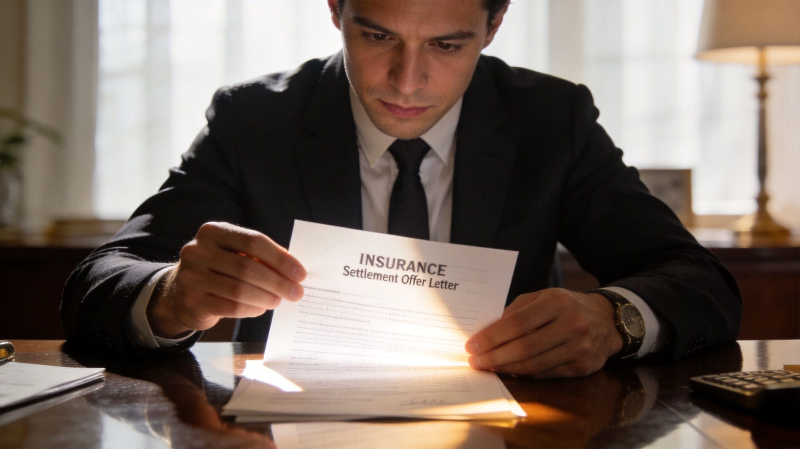 A professional businessman in a suit sitting at a desk reviewing an insurance settlement offer letter.