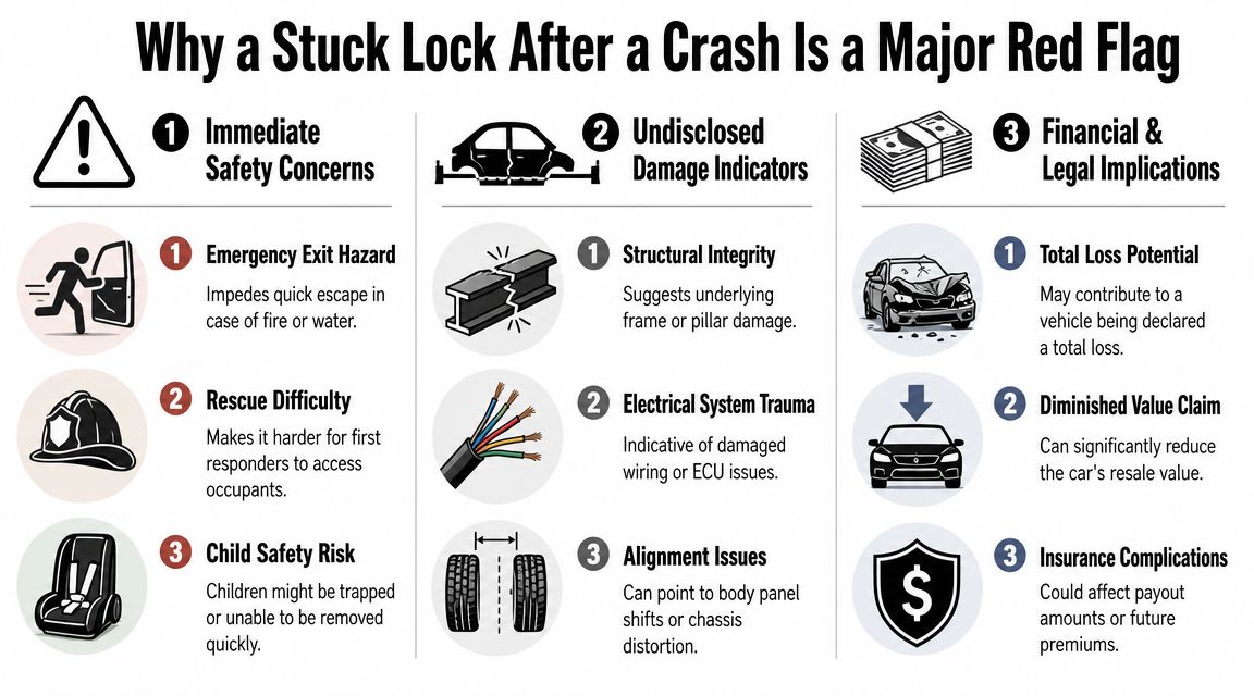 An infographic detailing safety, structural, and financial risks associated with a car door lock stuck after a crash.