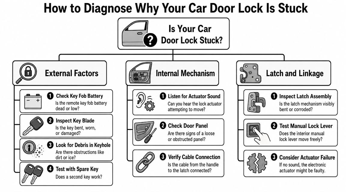 An infographic flowchart showing diagnostic steps to troubleshoot why a car door lock is stuck.