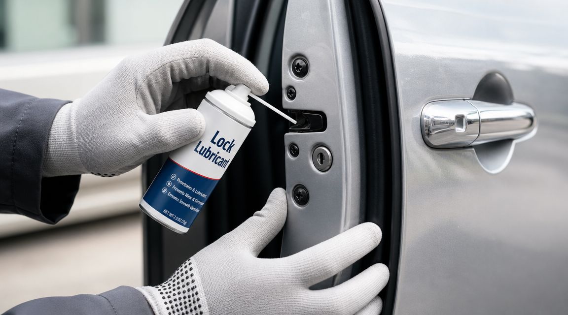 A person wearing gloves applies lubricant from a spray can into a car door locking mechanism.