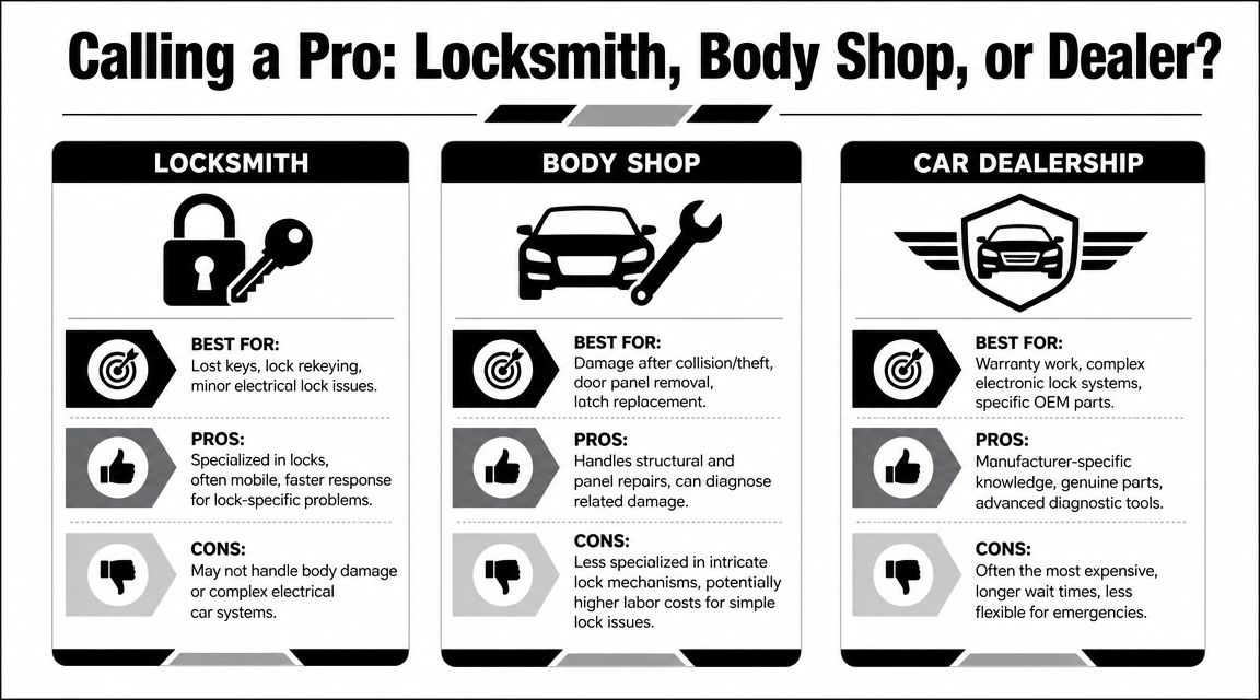 A comparison chart outlining when to hire a locksmith, body shop, or car dealership for vehicle repairs.