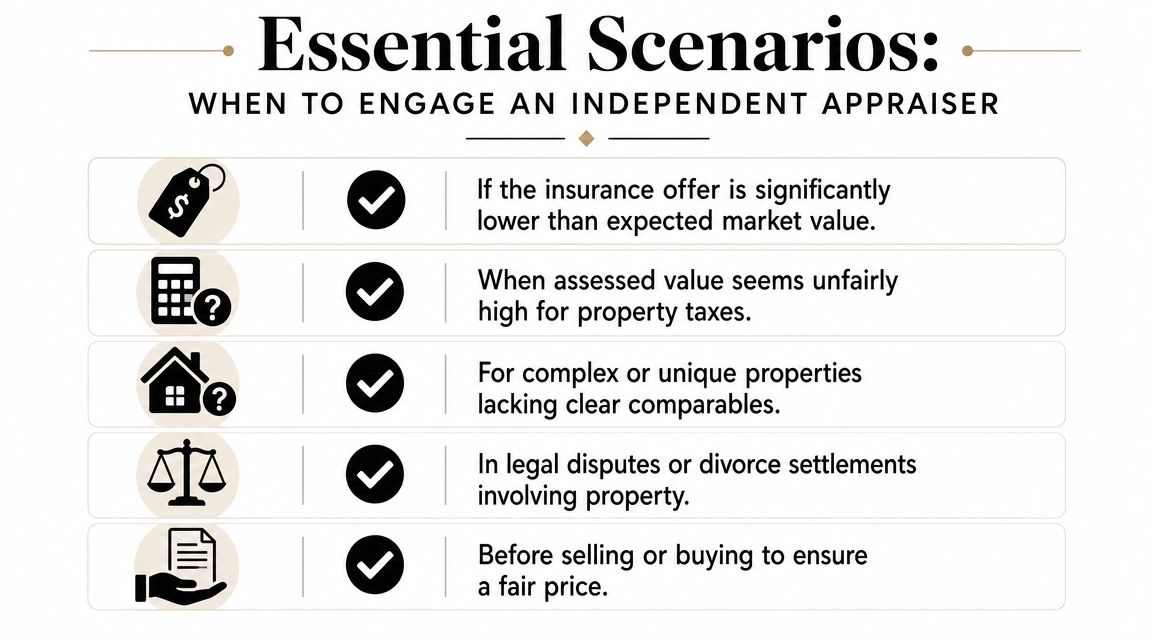 A list showing five essential scenarios when you should hire an independent real estate appraiser.