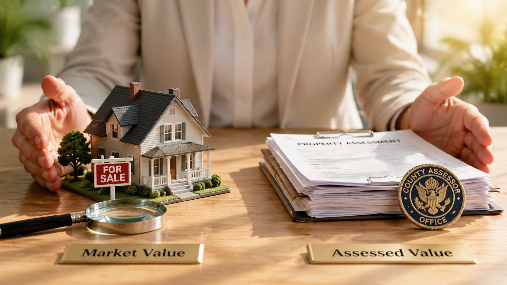 A person presenting a model home and a property assessment form to explain real estate valuation.
