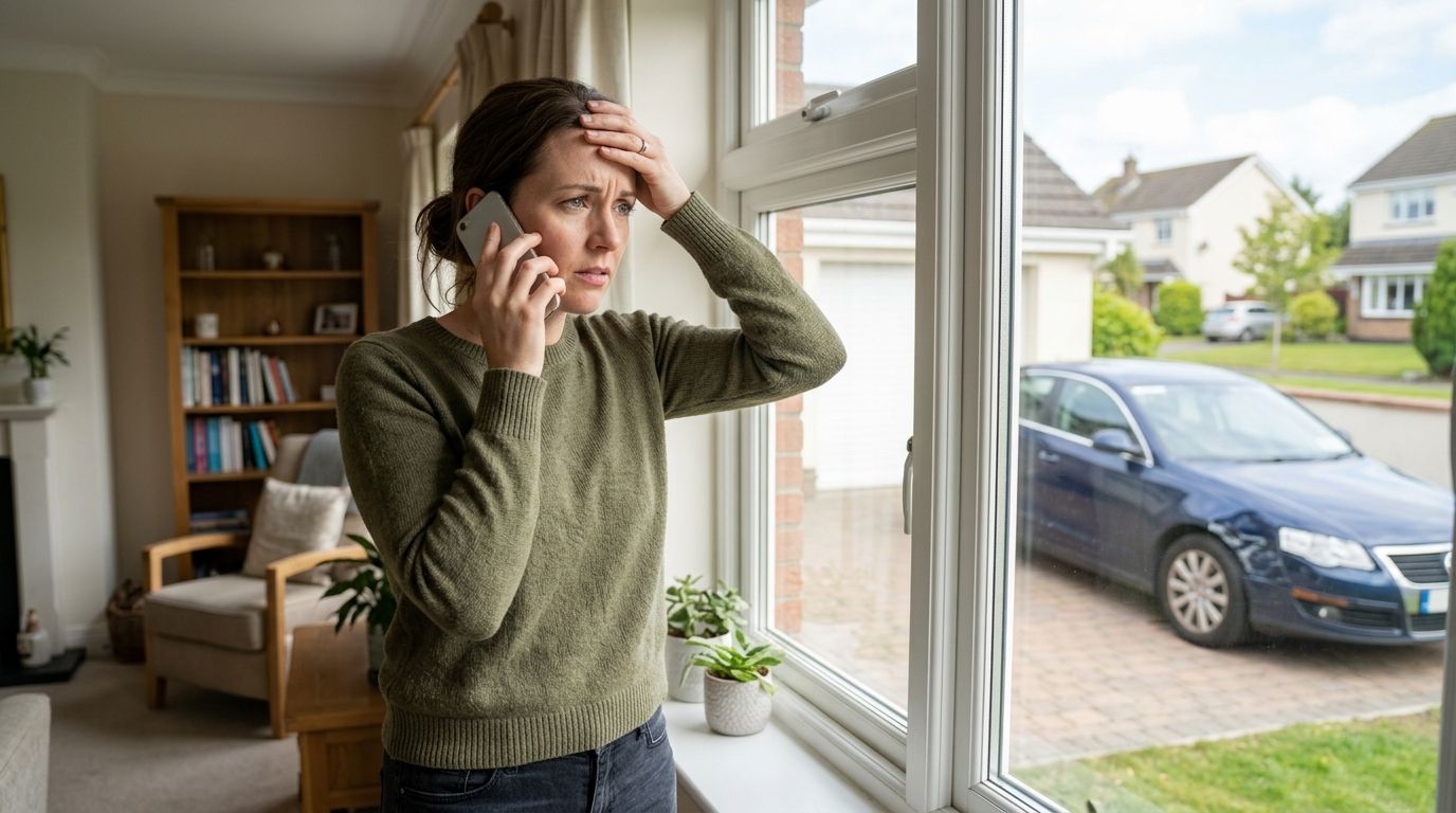 A concerned woman standing by a window while talking on her phone in a living room.