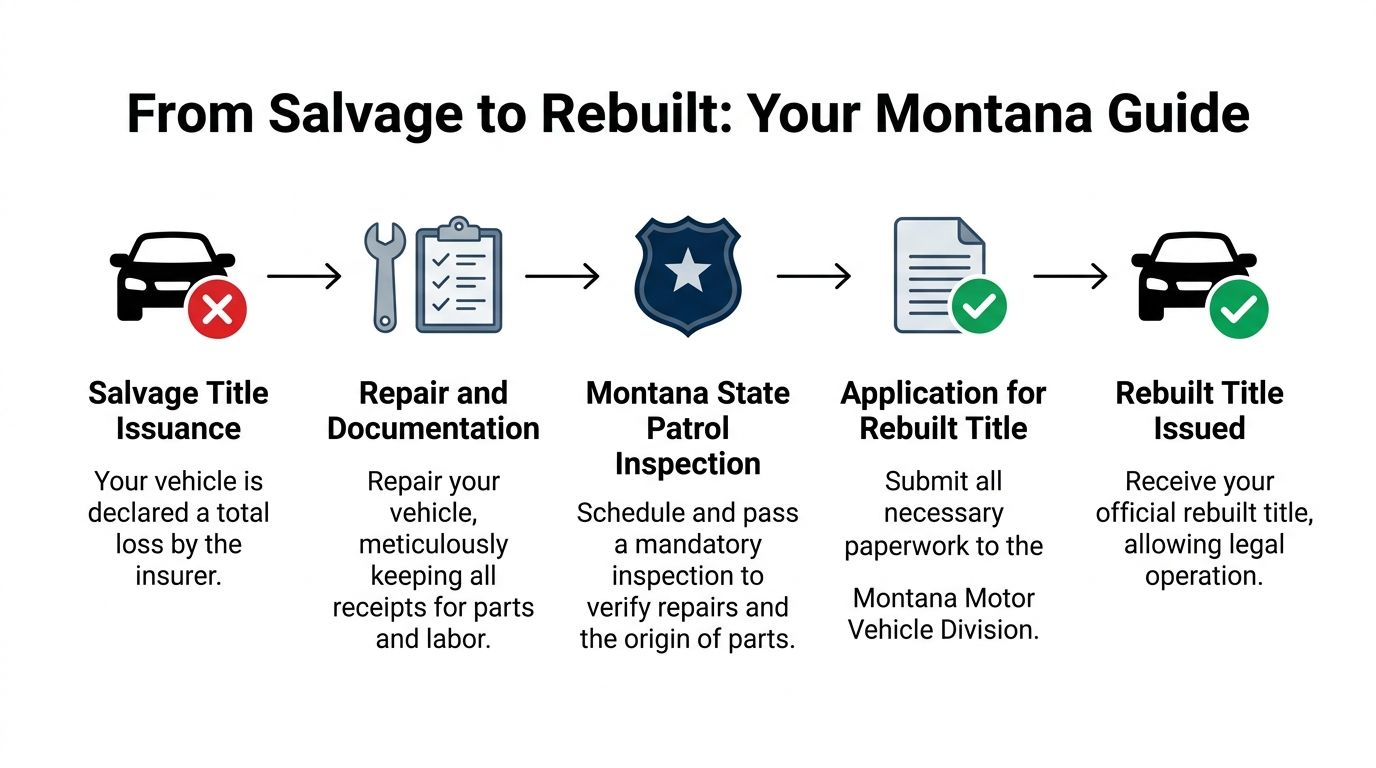 A flowchart showing the five steps to convert a Montana salvage vehicle title to a rebuilt title.