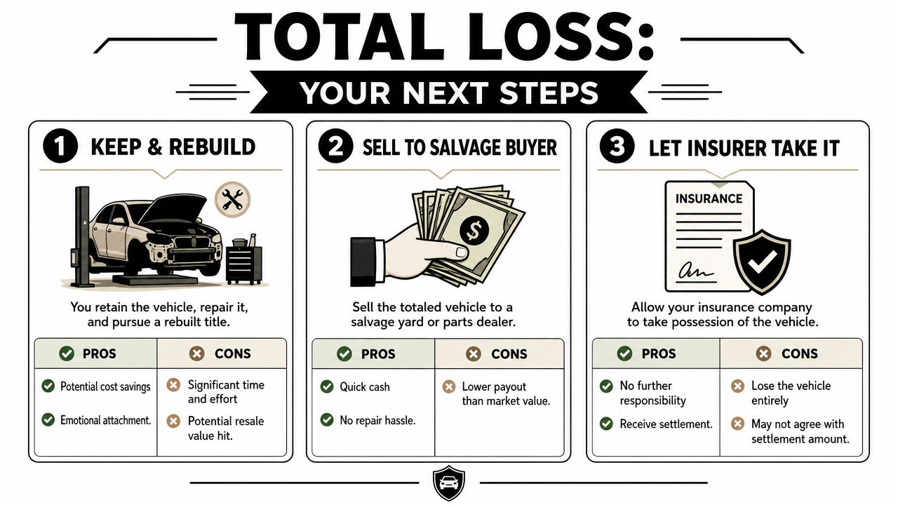 An infographic showing the three main options for handling a total loss vehicle: rebuild, sell, or insurance surrender.