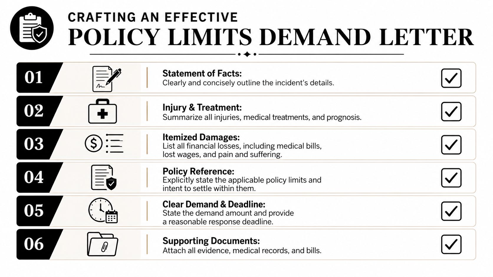A checklist infographic outlining the six essential steps for crafting an effective insurance policy limits demand letter.