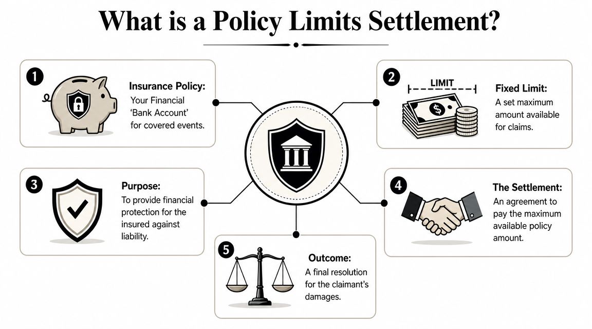 An infographic explaining policy limits settlement through five numbered steps with icons for insurance and legal concepts.