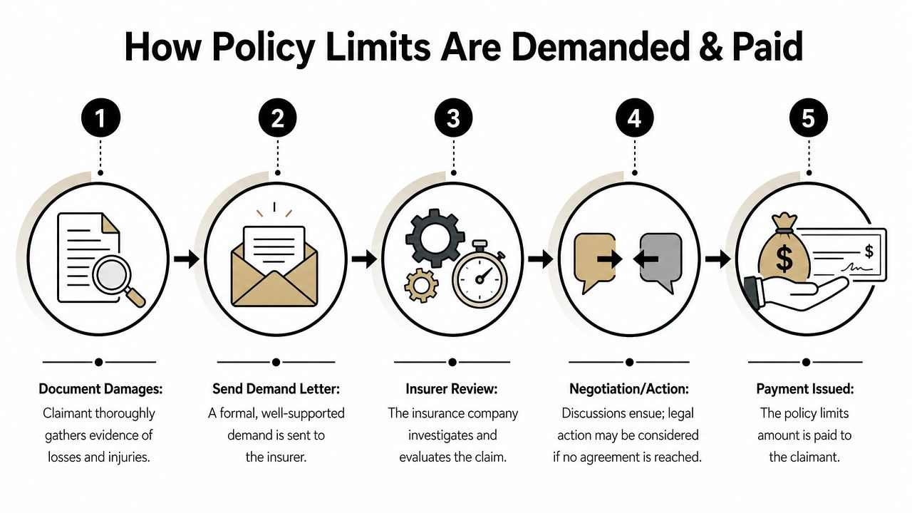 A five-step infographic showing the process of demanding and receiving insurance policy limit payments.