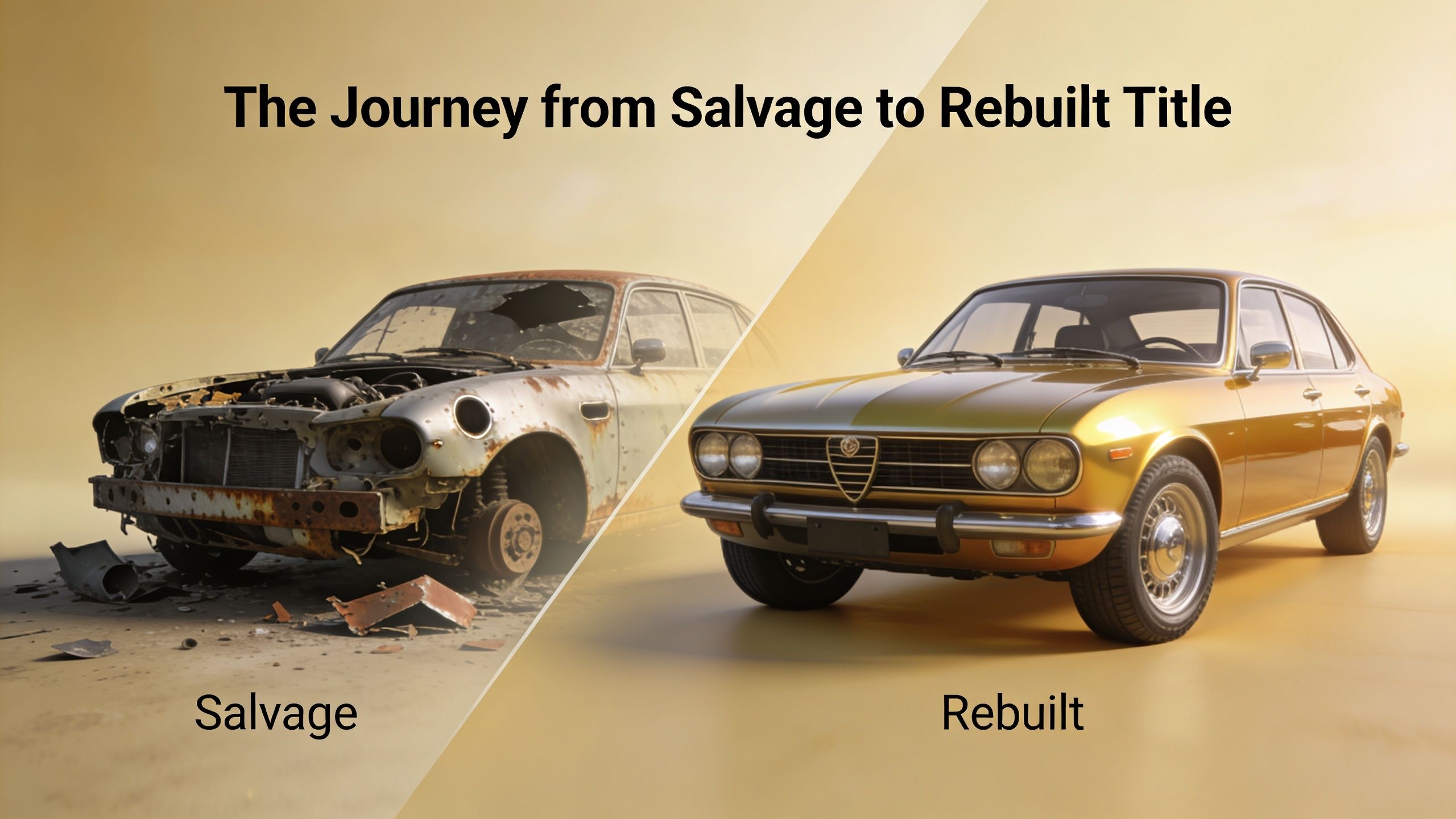 A split image showing a rusted, damaged salvage car transitioning into a fully restored, shiny gold car.