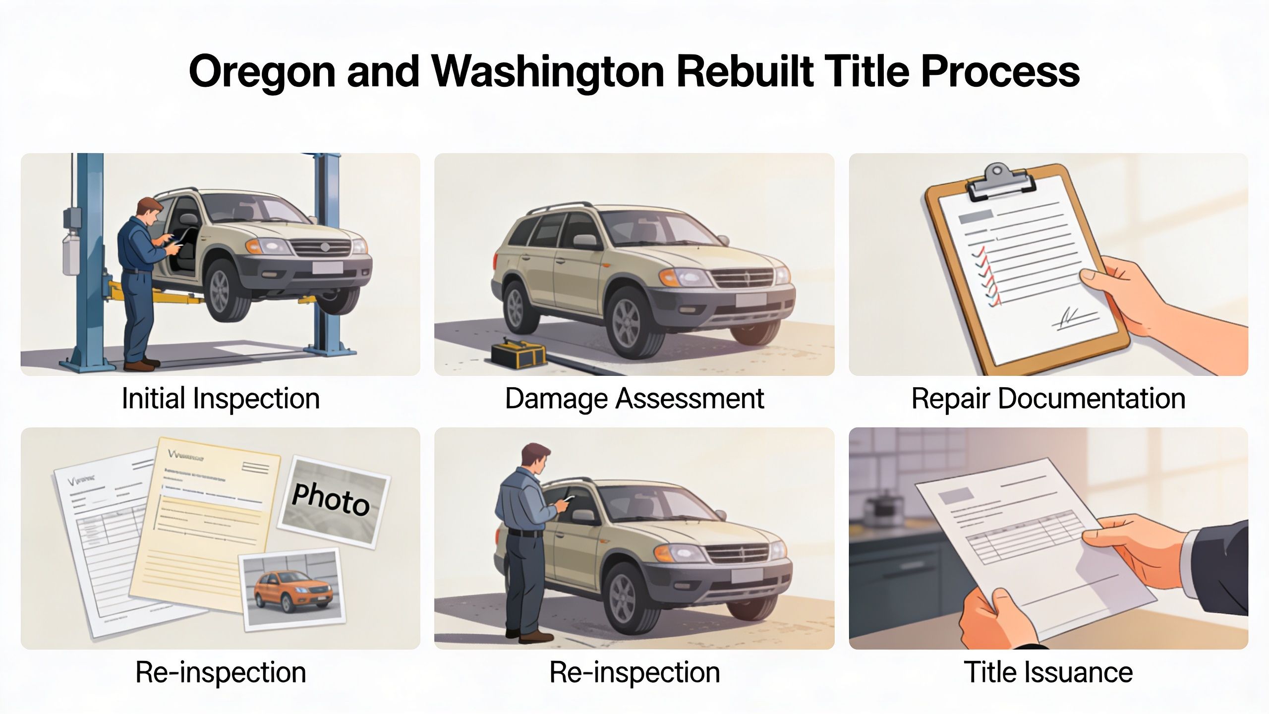 An infographic showing the step-by-step process for obtaining a rebuilt title for a vehicle in Oregon and Washington.