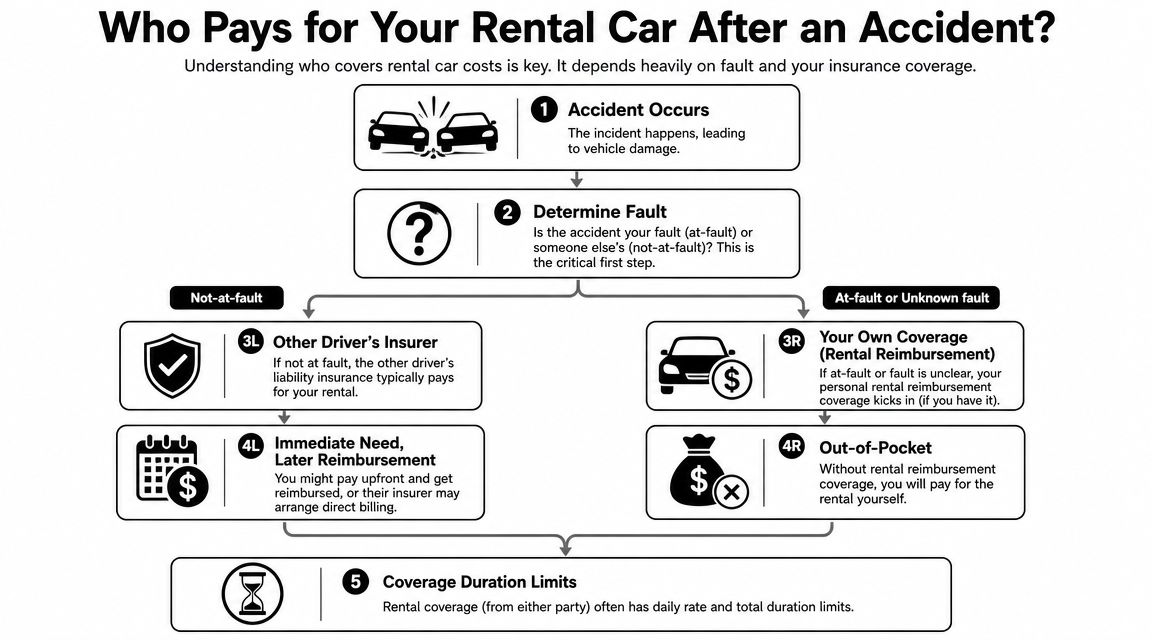 A flowchart explaining who pays for a rental car after an accident based on fault and insurance.