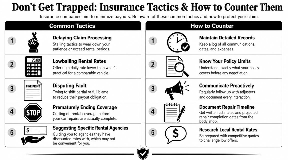 An infographic titled Don't Get Trapped listing common insurance claim tactics and strategies to counter them effectively.