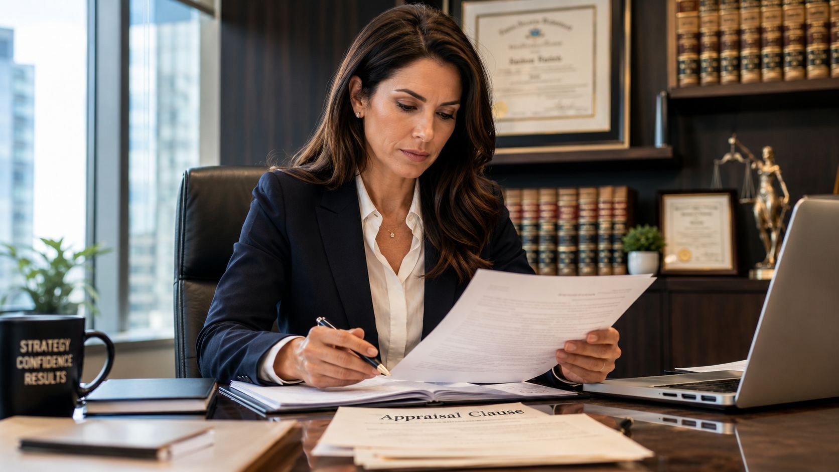 A professional woman in a business suit reviewing legal documents at her desk in a law office.