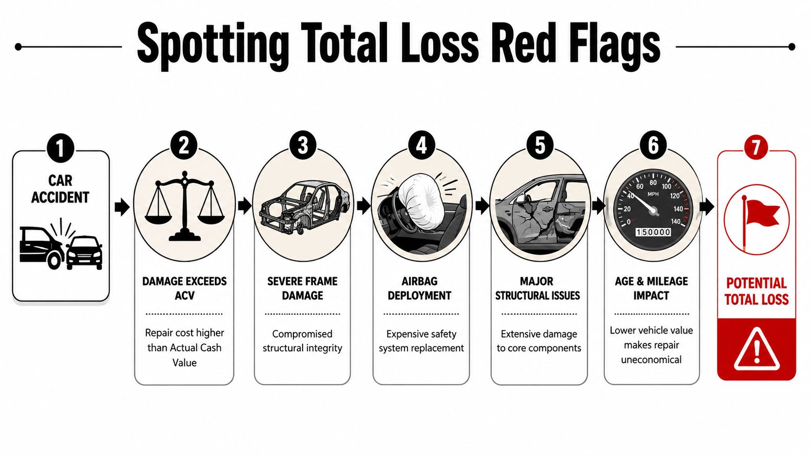 A flowchart infographic detailing seven key indicators that a vehicle may be considered a total loss.