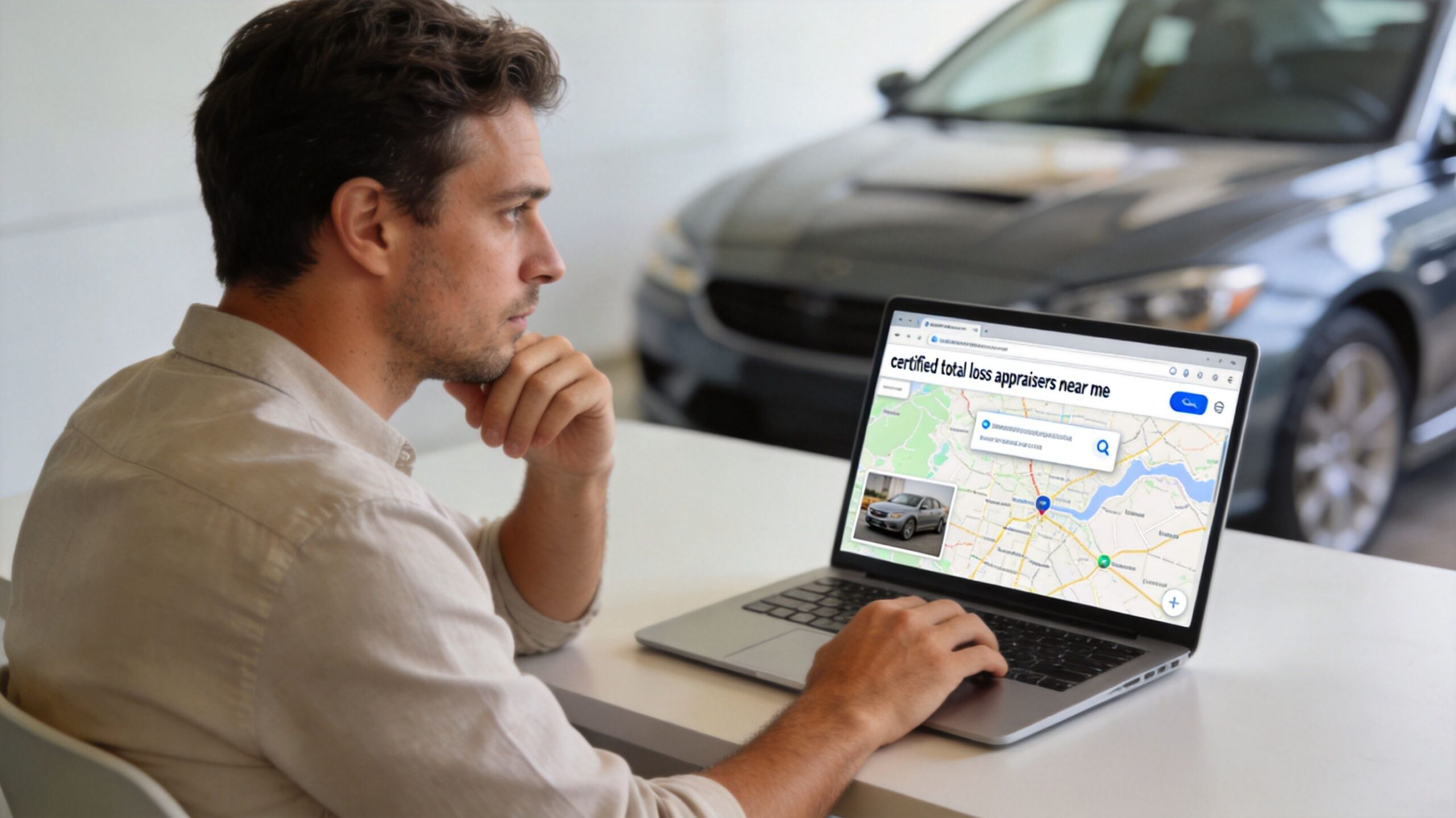 A man searching for a certified total loss appraiser near him on his laptop in a garage.