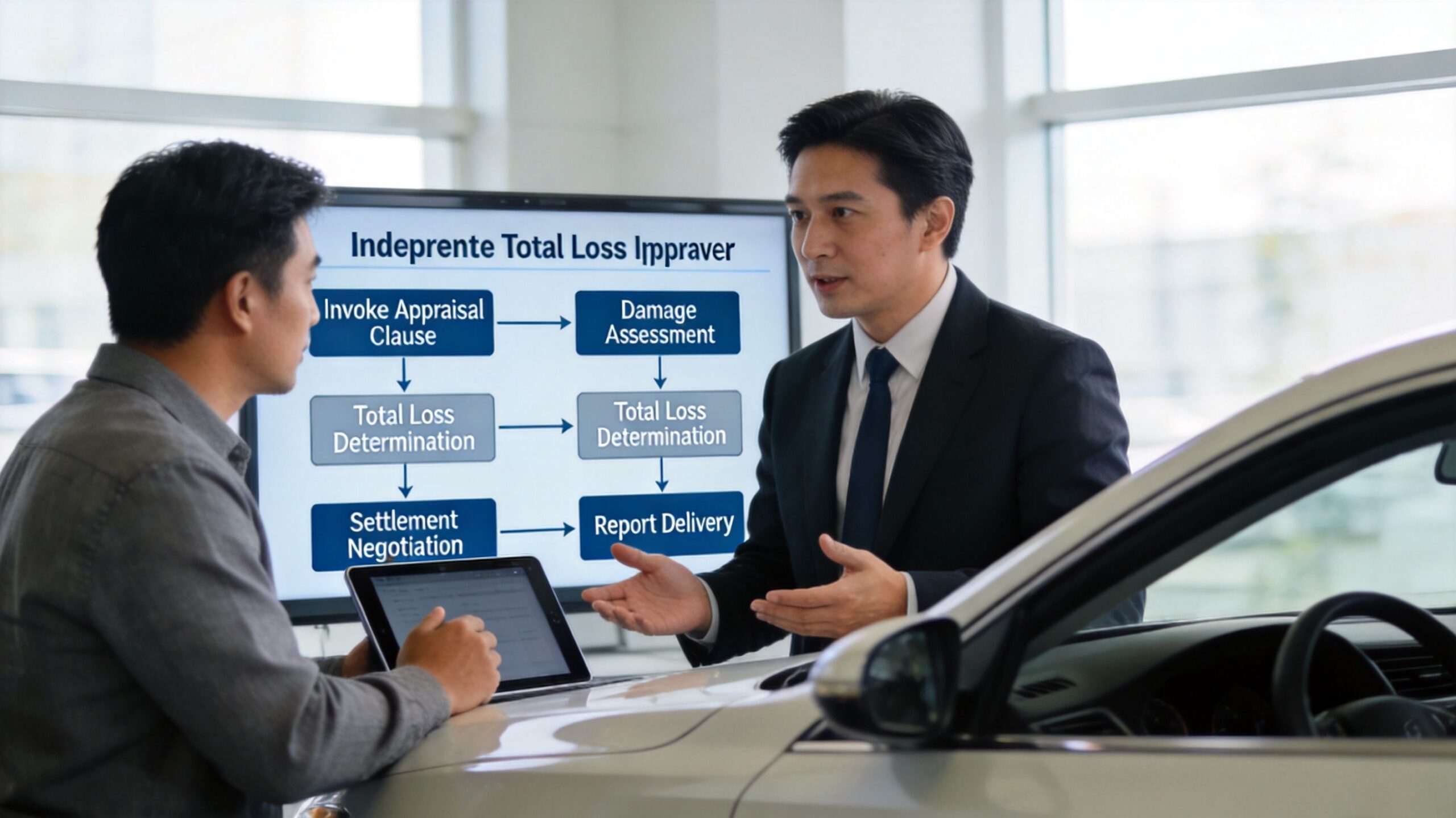 A professional insurance adjuster discussing total loss appraisal process with a customer in a car dealership office.