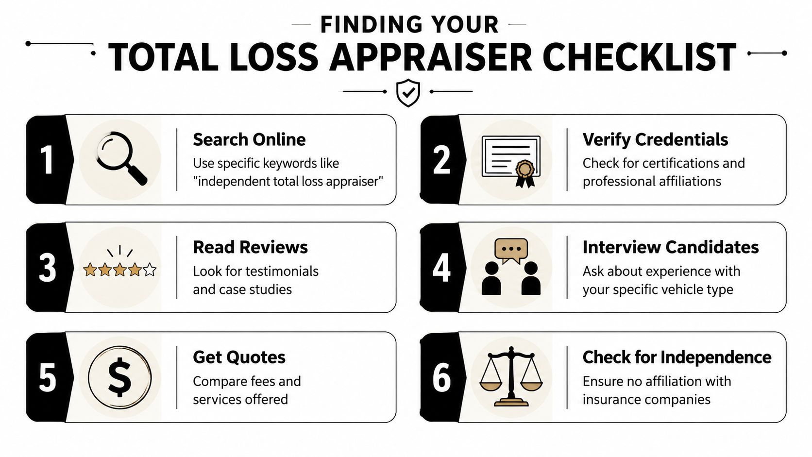A numbered checklist infographic guide on how to choose an independent total loss vehicle appraiser.
