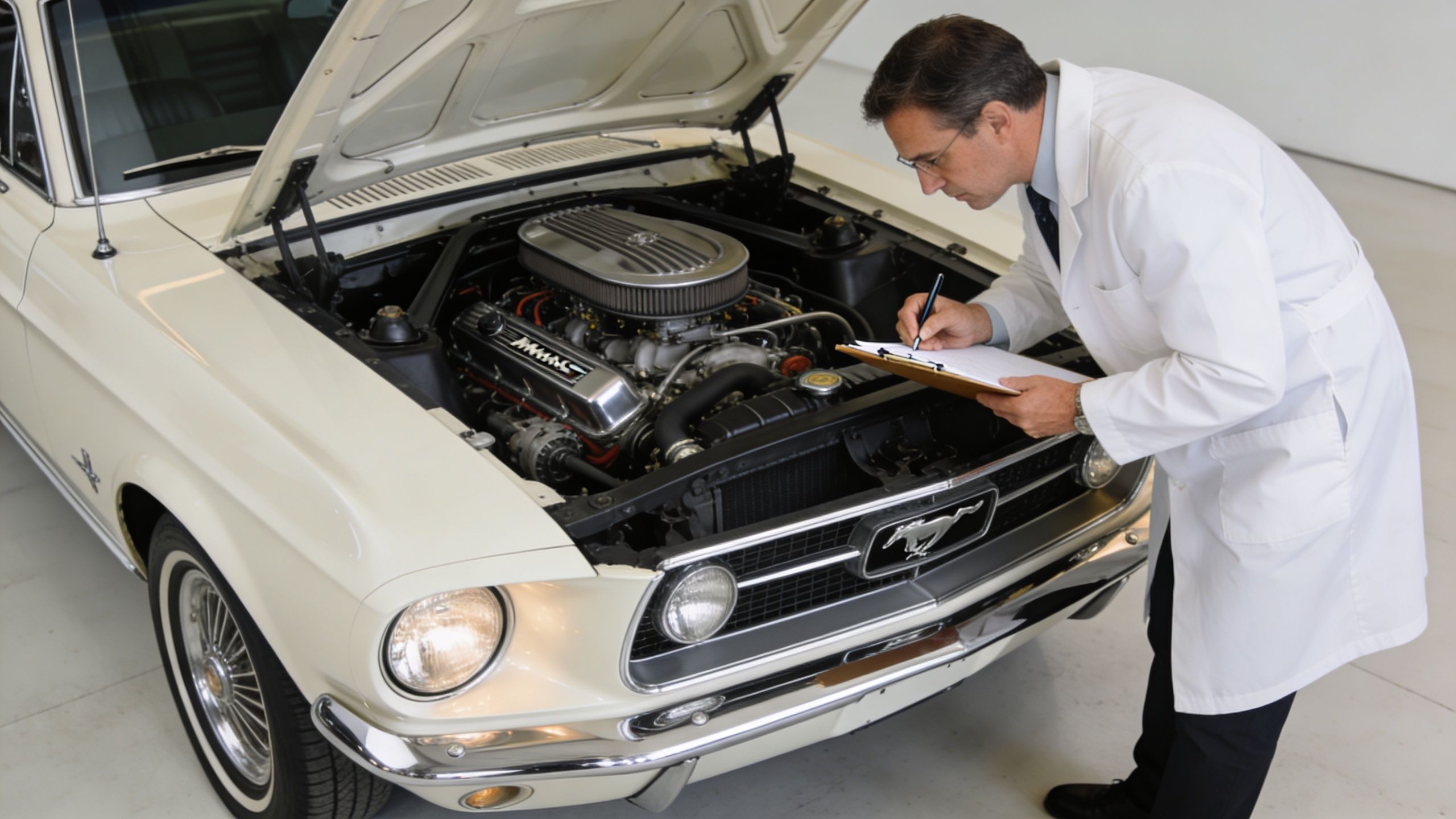 A professional appraiser in a lab coat examining a classic Ford Mustang engine while taking notes.