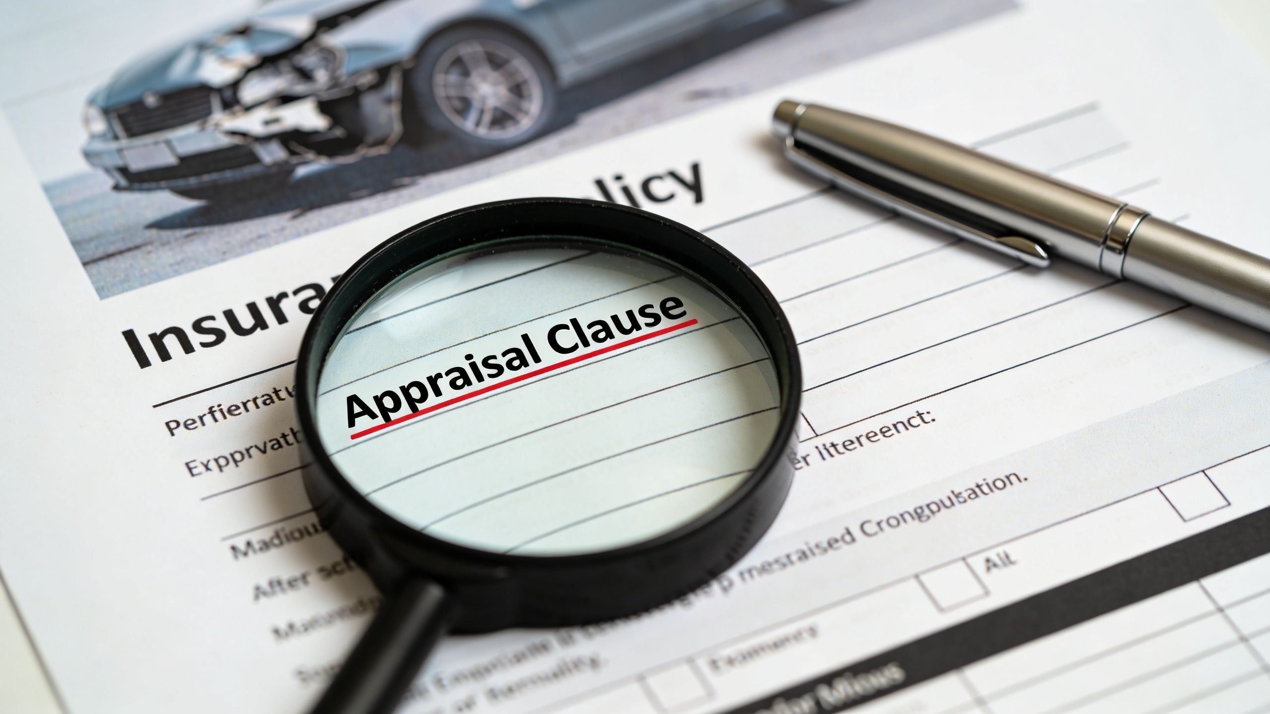 A magnifying glass focused on an appraisal clause on an insurance document next to a silver pen.