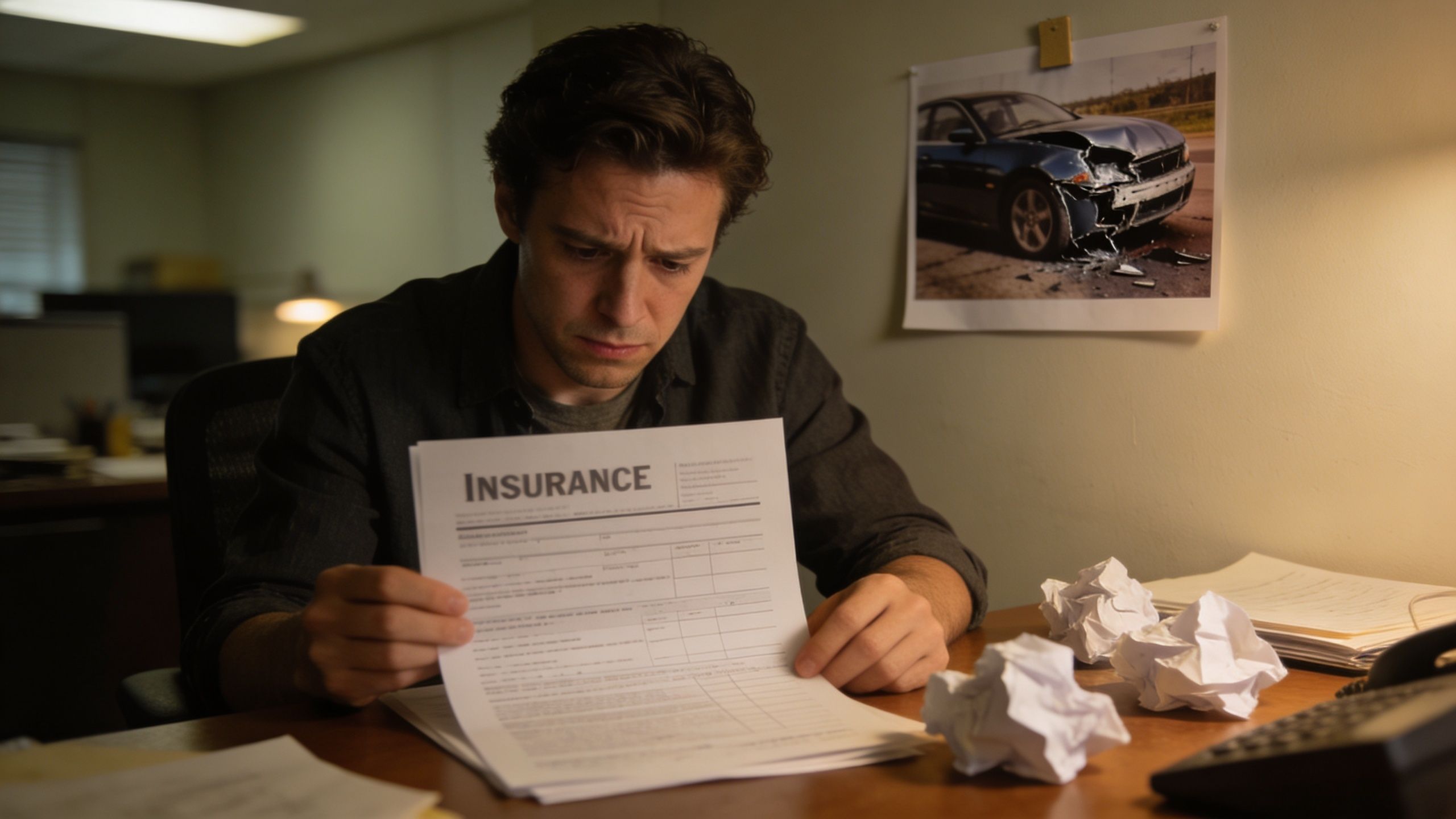 A concerned man sitting at a desk reviewing an insurance document with a car crash photo nearby.