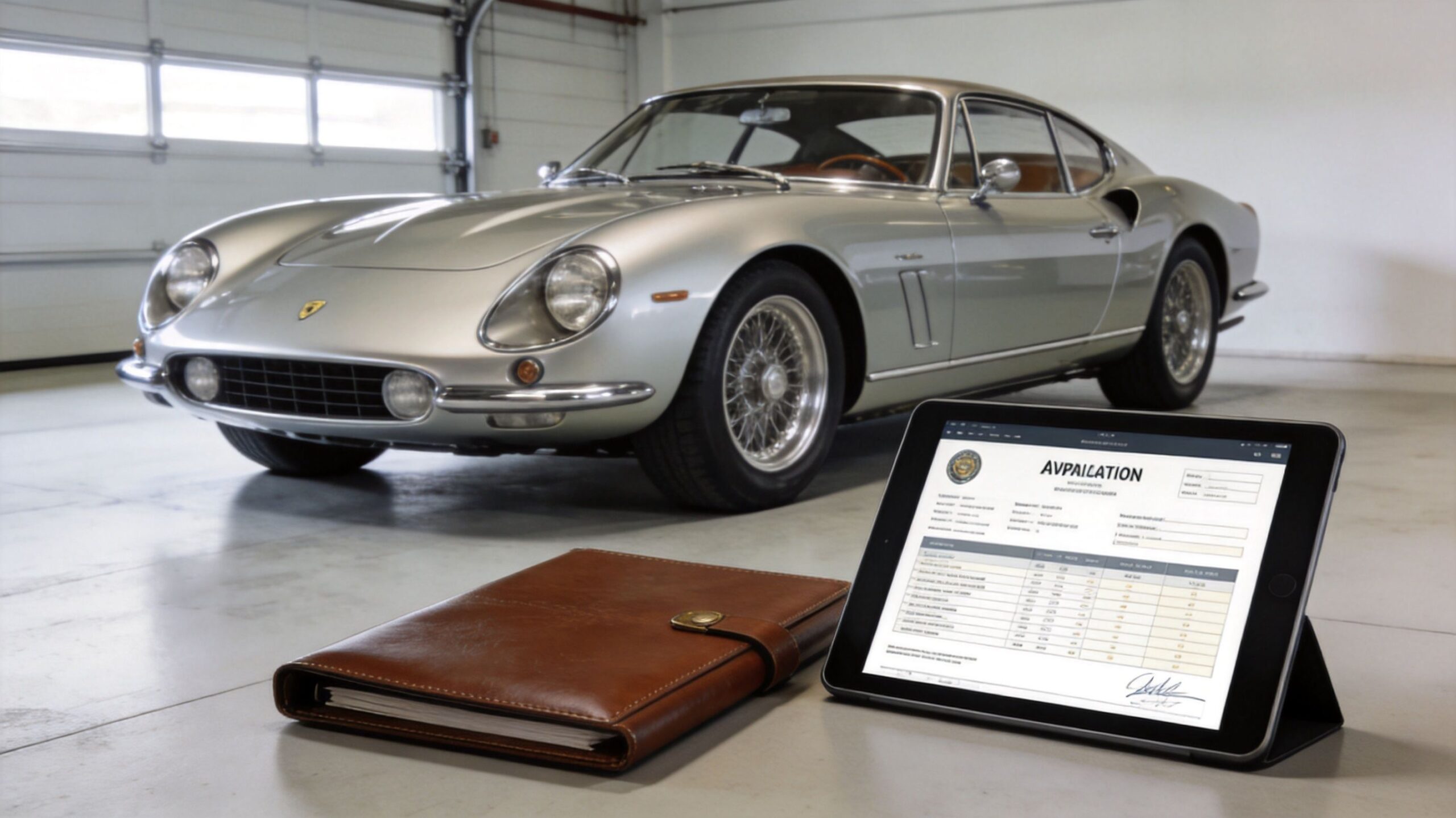 A silver vintage sports car parked in a garage with a tablet and leather portfolio in foreground.