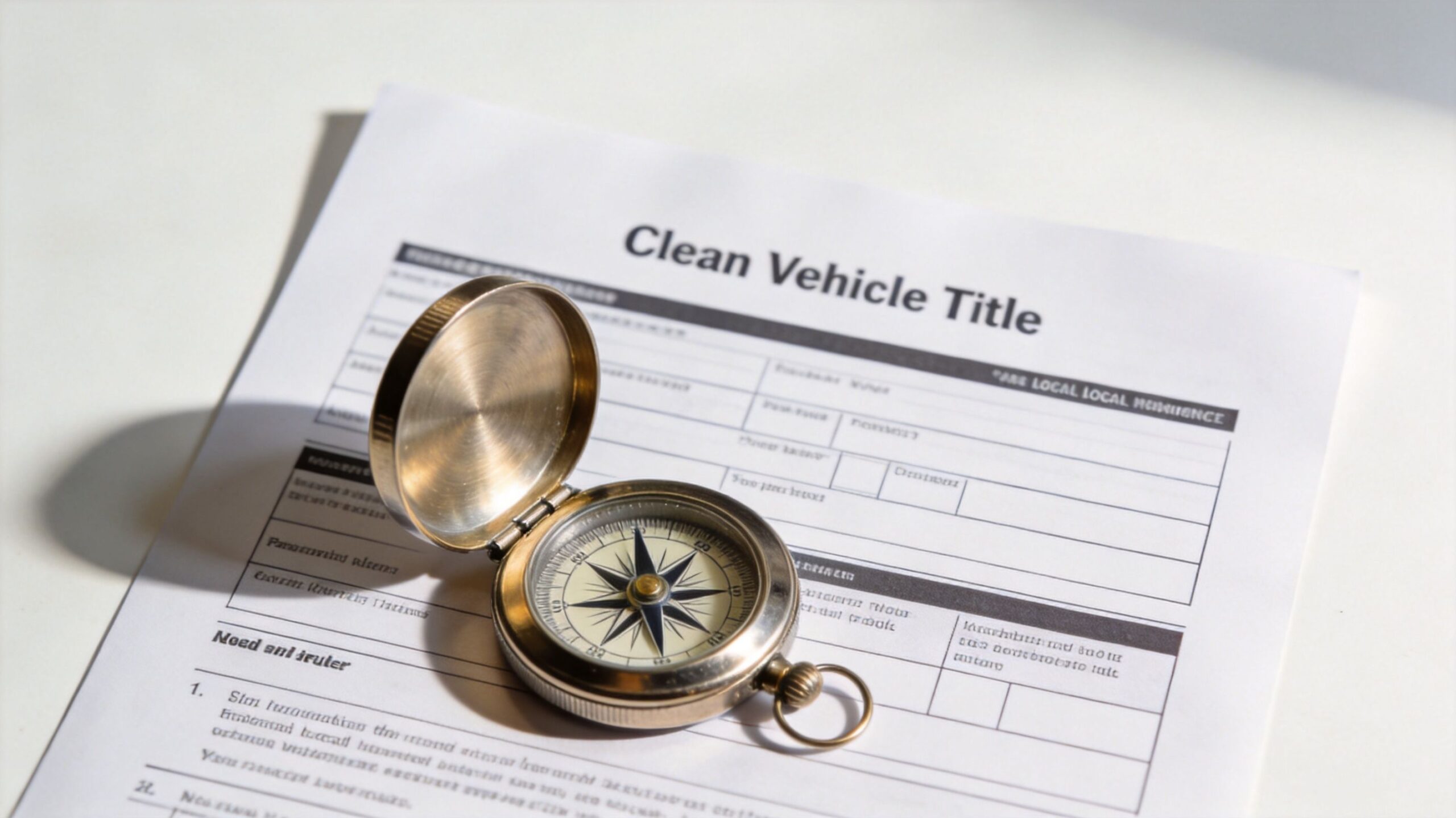 A vintage metal compass sits on top of a printed document titled Clean Vehicle Title.