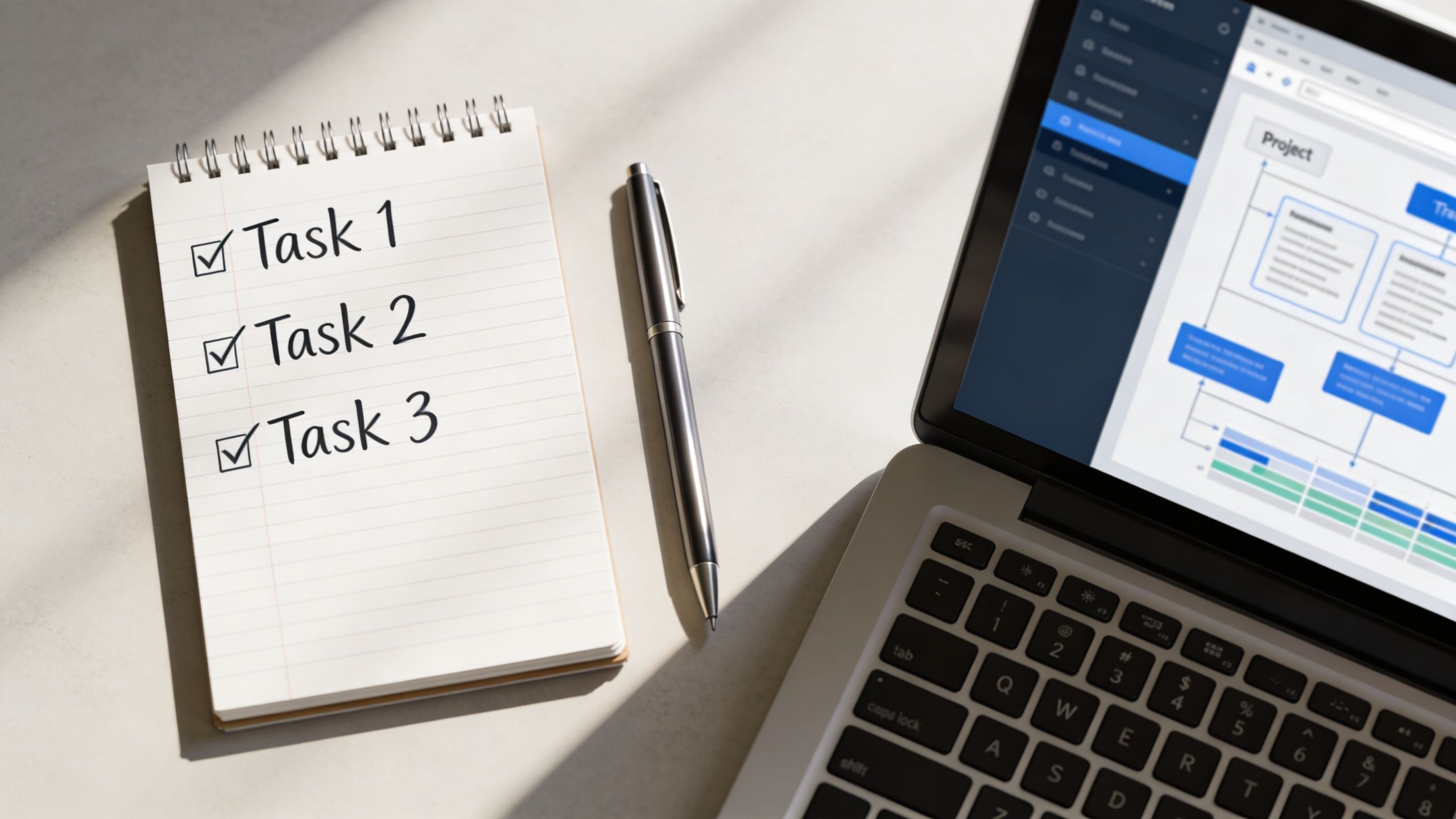 A notepad with Task 1, 2, and 3 checked off, sitting next to a pen and laptop.