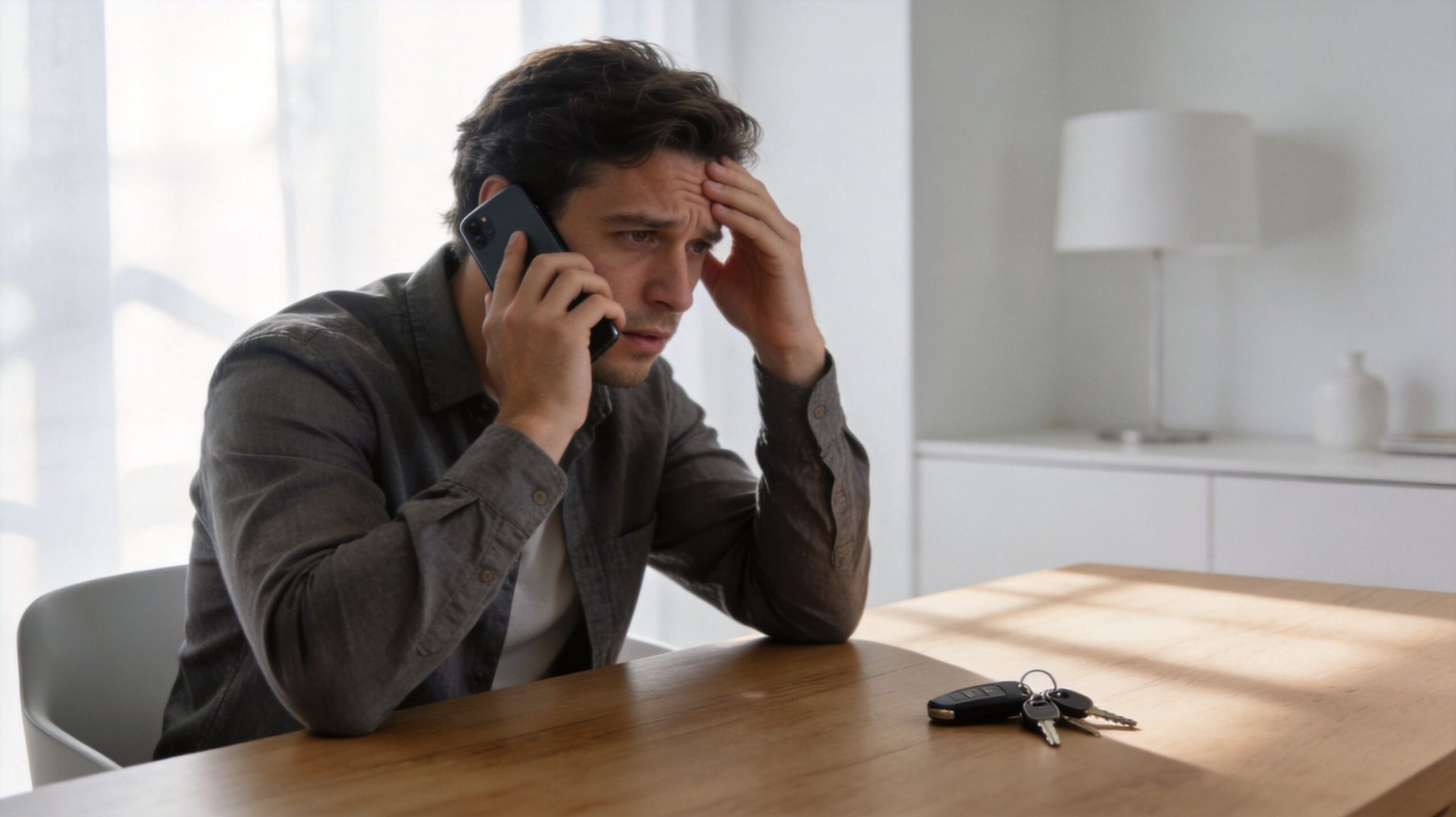 A stressed man sitting at a wooden table holding car keys while talking on his mobile phone.