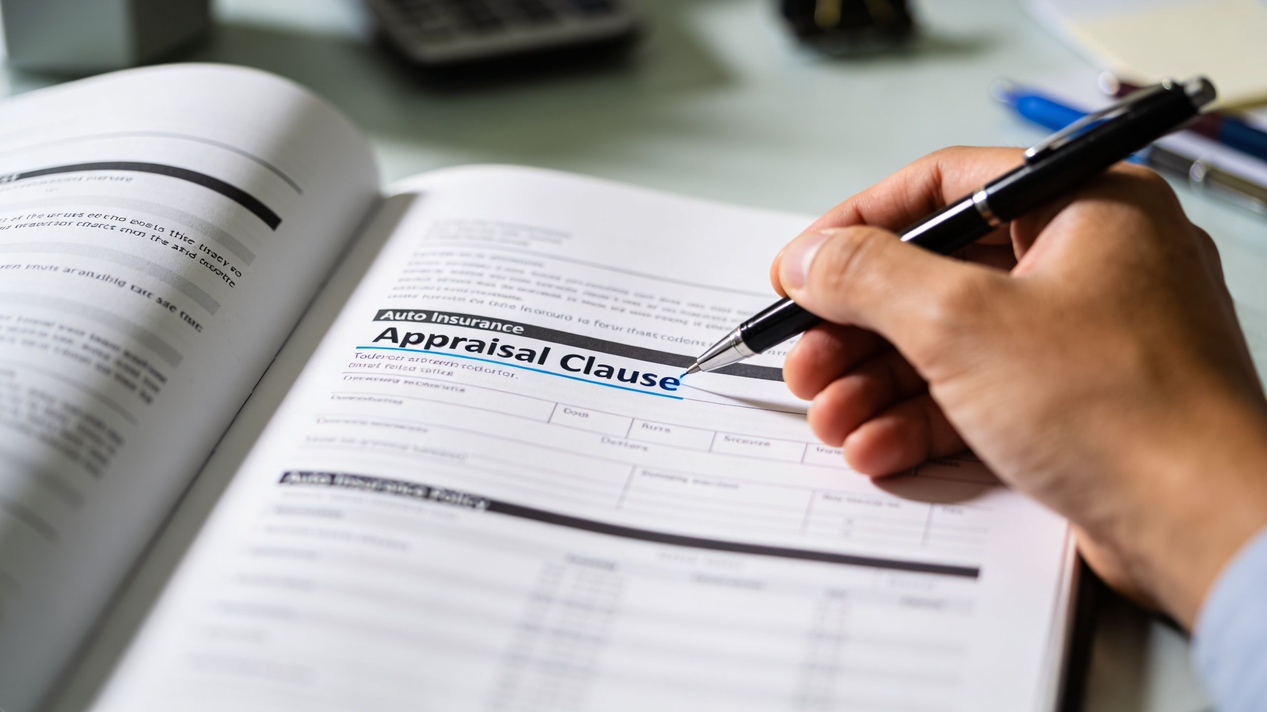 A close up view of a hand using a pen to sign an auto insurance appraisal clause document.