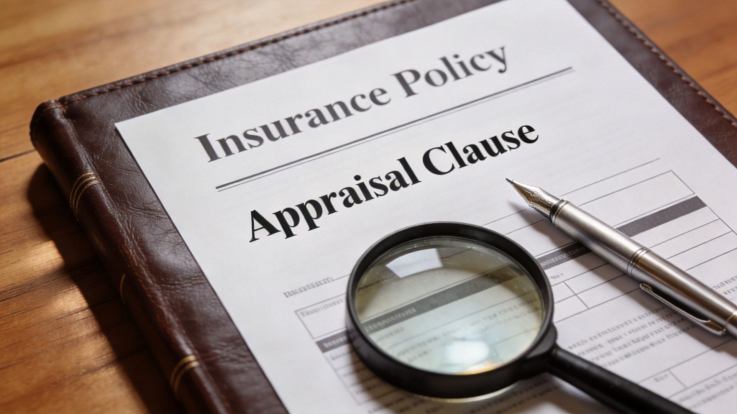 An insurance policy document with an appraisal clause, a fountain pen, and a magnifying glass on wood.