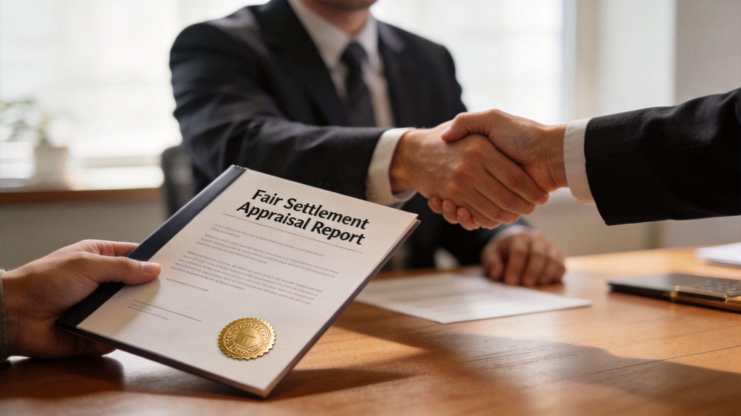 A professional handshake over a Fair Settlement Appraisal Report document at a business meeting desk.
