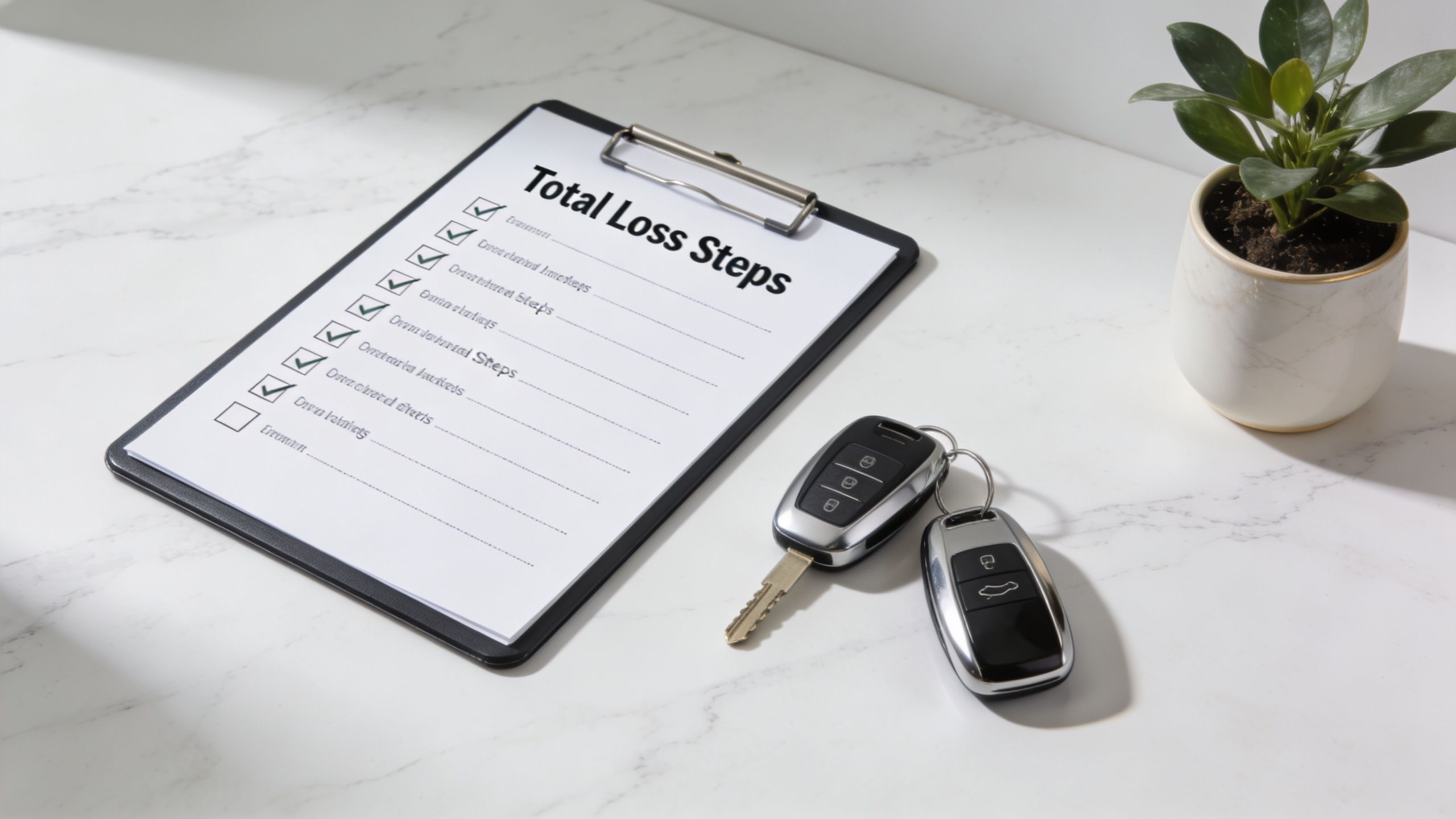 A clipboard with a checklist titled Total Loss Steps resting on a marble table with car keys.