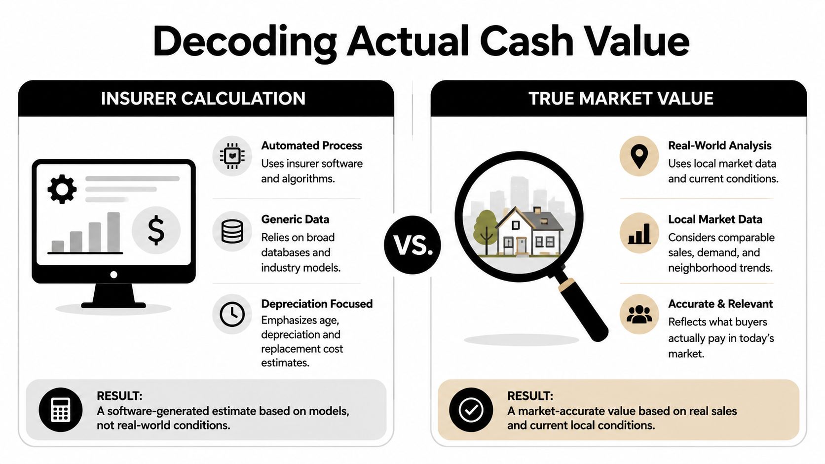 A comparative infographic explaining the differences between insurer calculations and true market value for property appraisal.