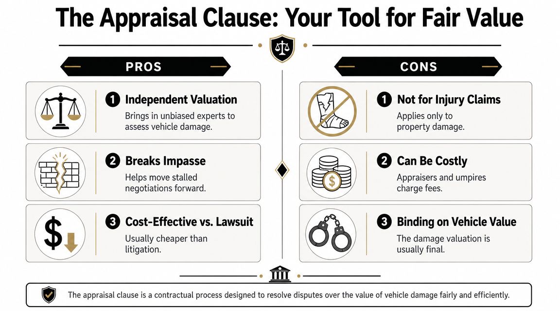 A pros and cons infographic explaining the appraisal clause for vehicle damage insurance claims.