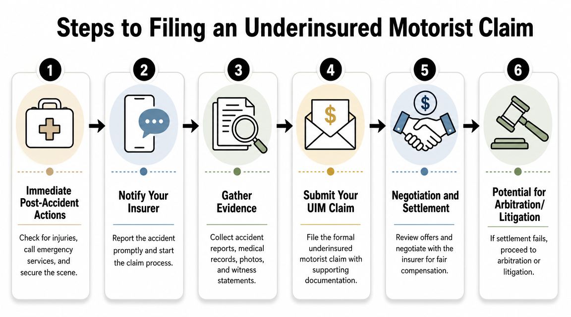 An infographic showing six steps for filing an underinsured motorist claim after a vehicle accident.