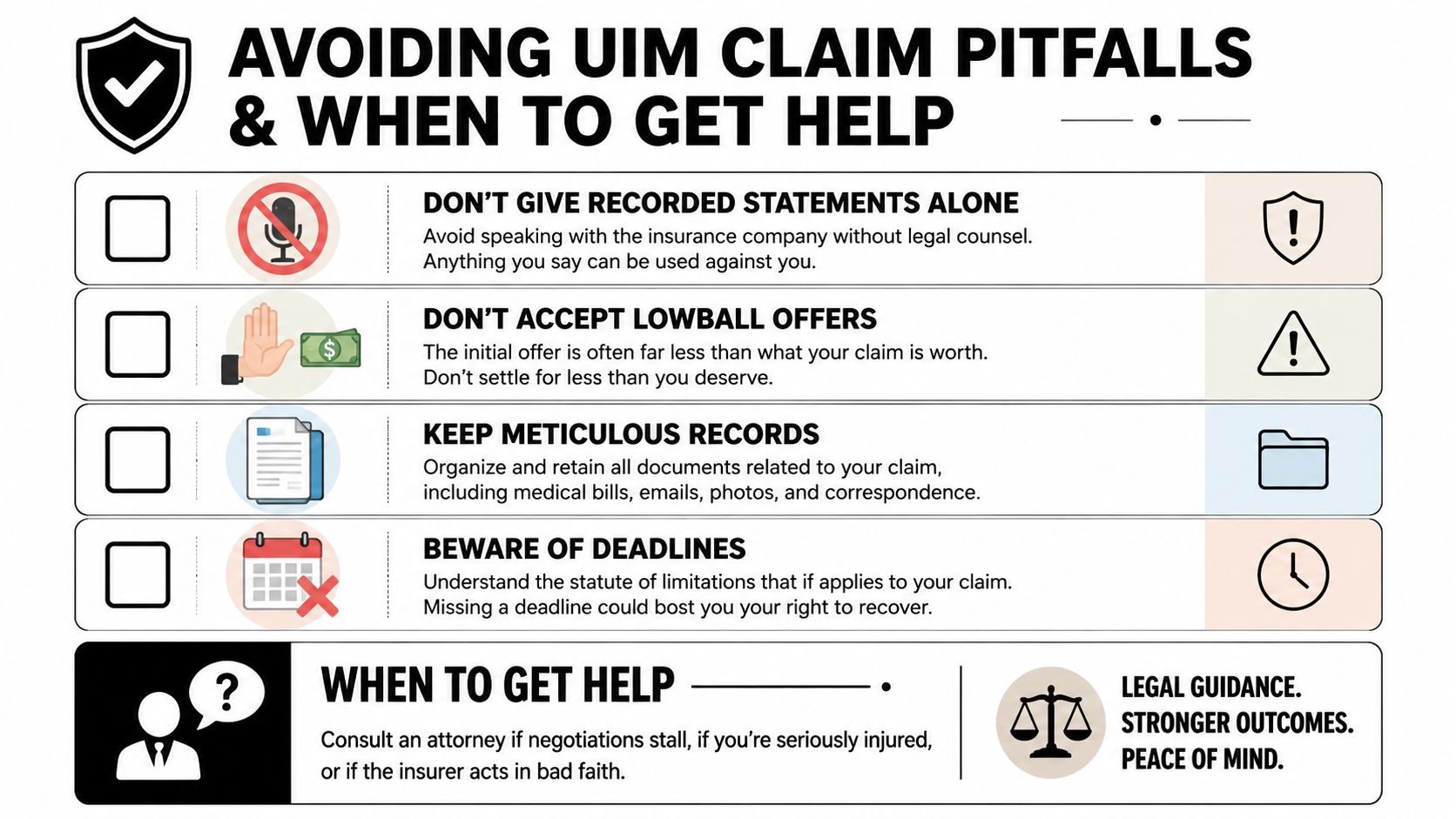 An infographic detailing essential tips for handling an underinsured motorist claim and when to seek legal counsel.