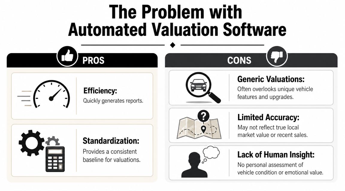 An infographic comparing the pros and cons of using automated vehicle valuation software for car appraisals.