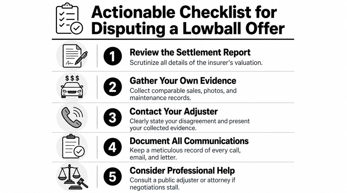 An infographic checklist outlining five actionable steps for disputing a lowball car insurance settlement offer.