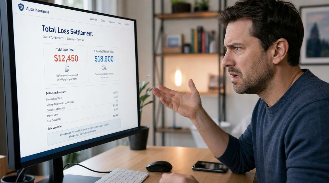 A concerned man sitting at his desk looking at an auto insurance total loss settlement claim on his computer screen.