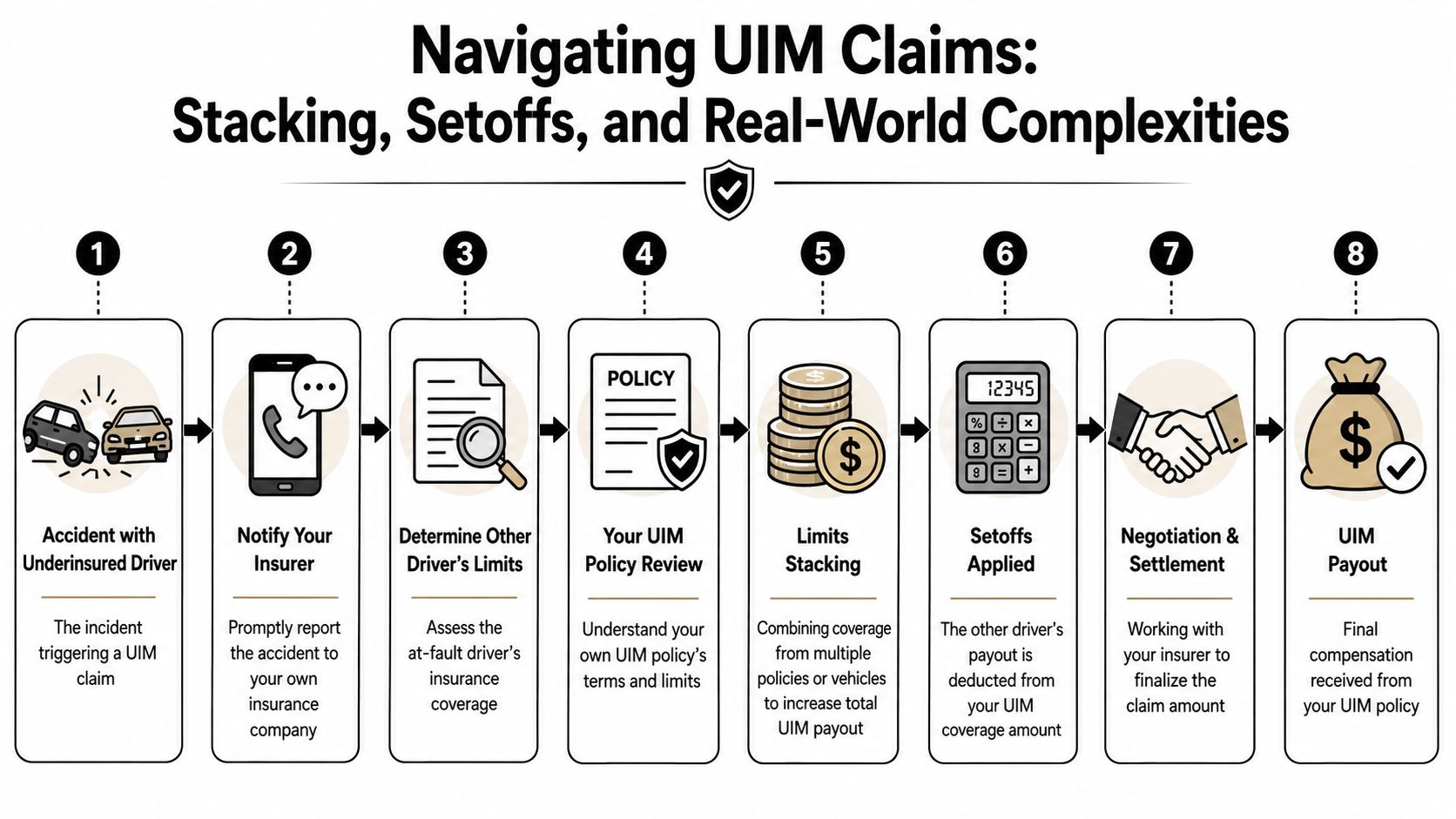 An infographic illustrating the eight step process for navigating an underinsured motorist claim insurance settlement.