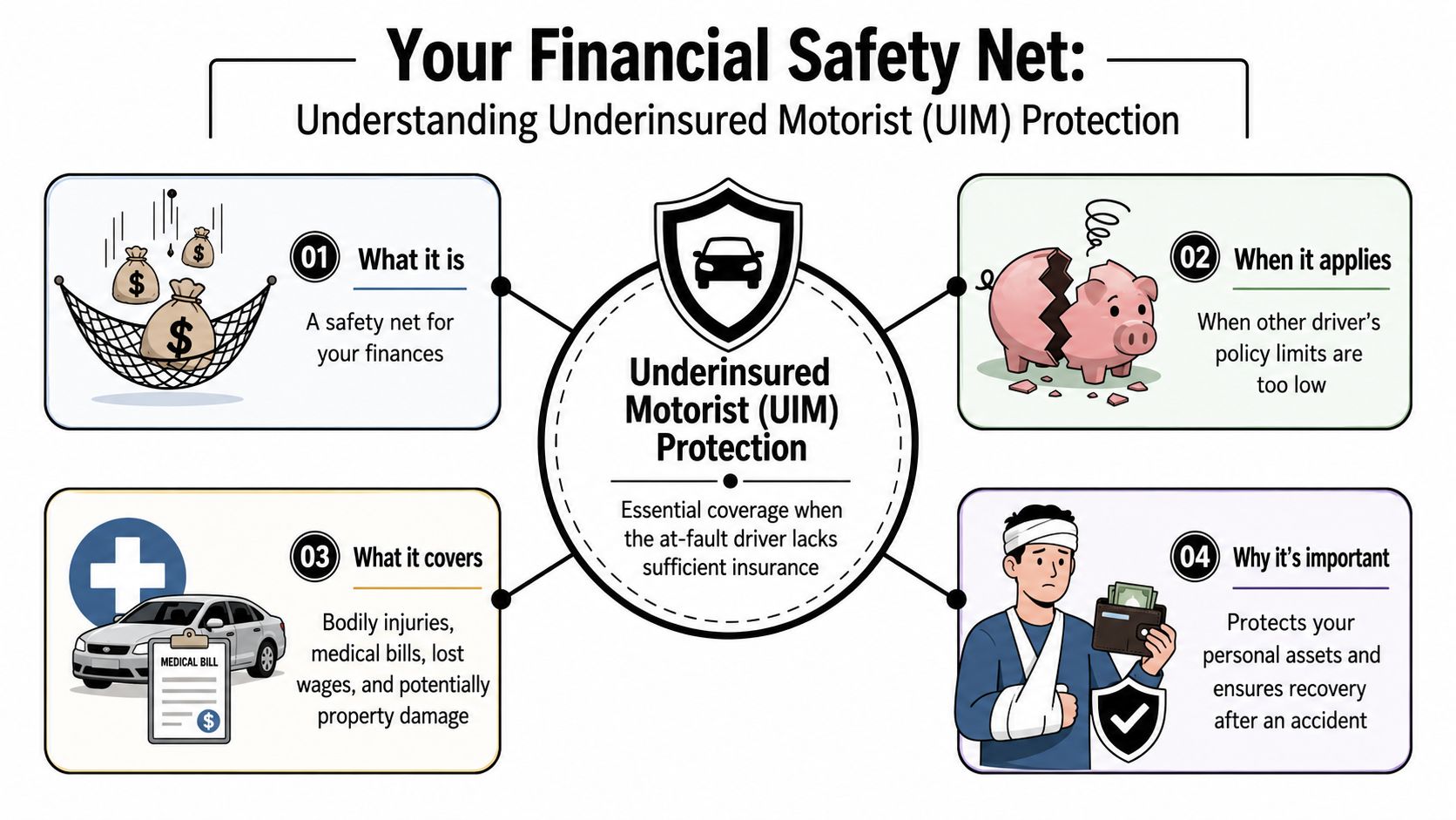 An infographic explaining underinsured motorist protection, covering its definition, application, coverage details, and importance for drivers.