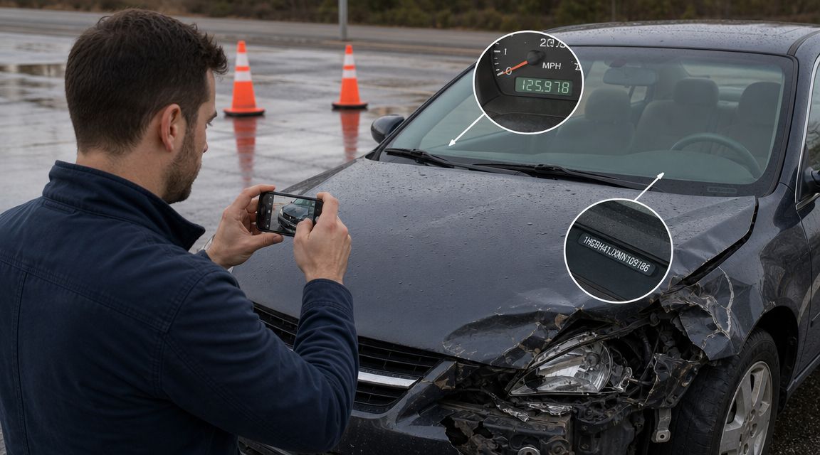 A person taking a photo of a damaged car for an insurance claim investigation.