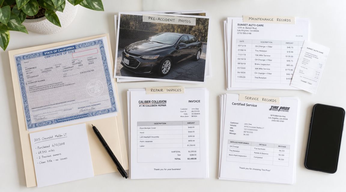 An organized workspace showing car documentation, maintenance records, repair invoices, and photos for insurance claims.