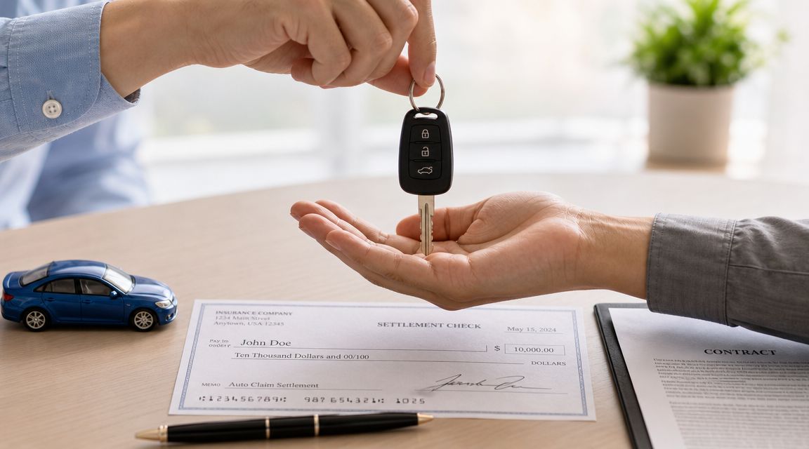 A person handing over car keys to someone over a table with a settlement check and contract.