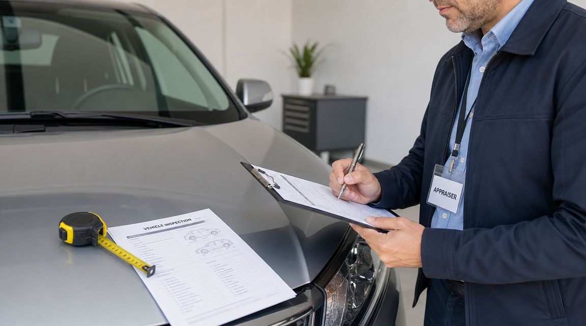A professional appraiser standing next to a grey car and writing on a vehicle inspection report form.