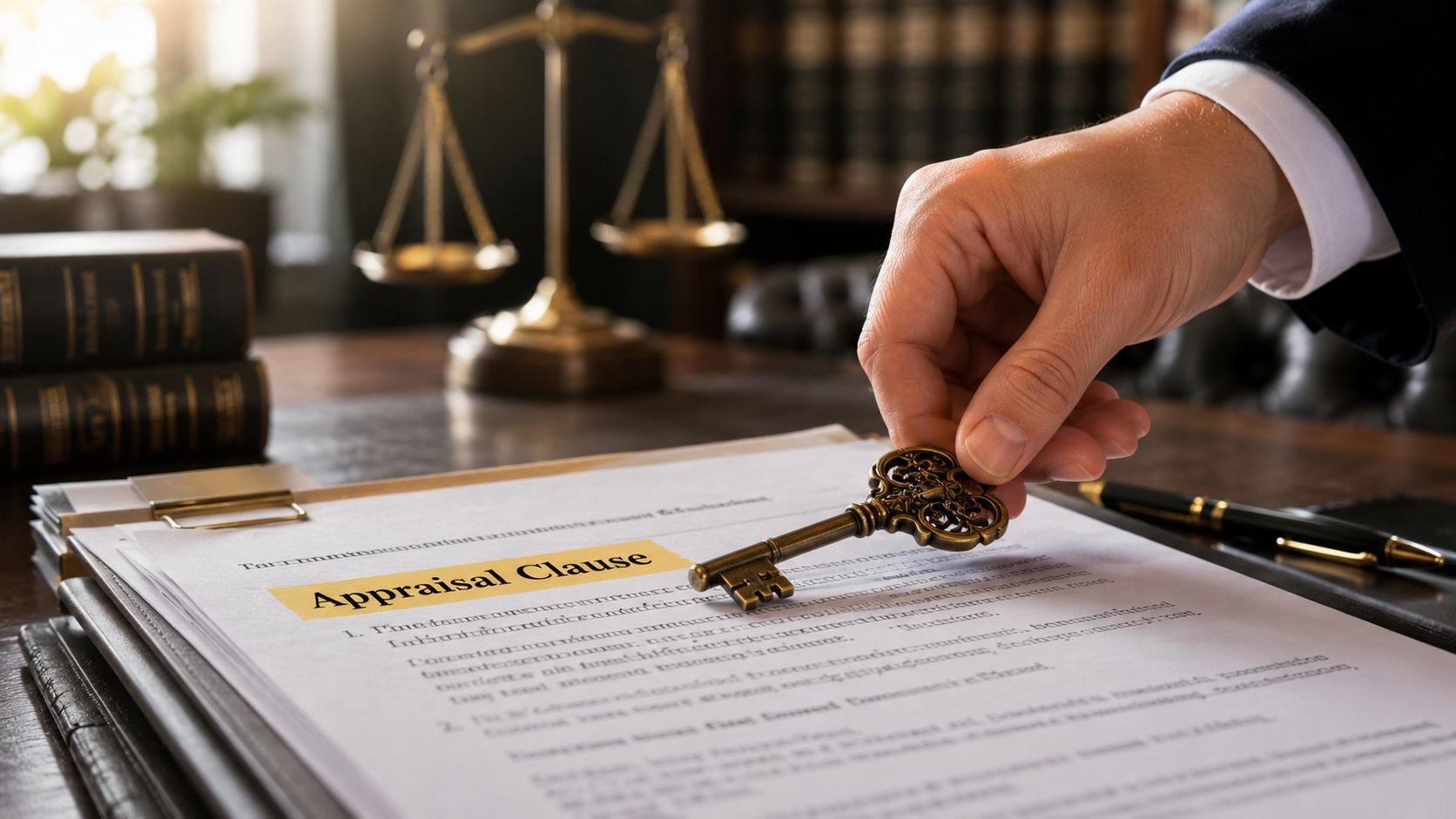 A legal professional holds an antique key over a contract titled Appraisal Clause on a desk.