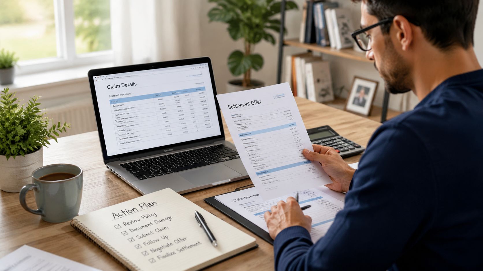 A man reviewing insurance settlement offers and claim details while working at his desk in an office.