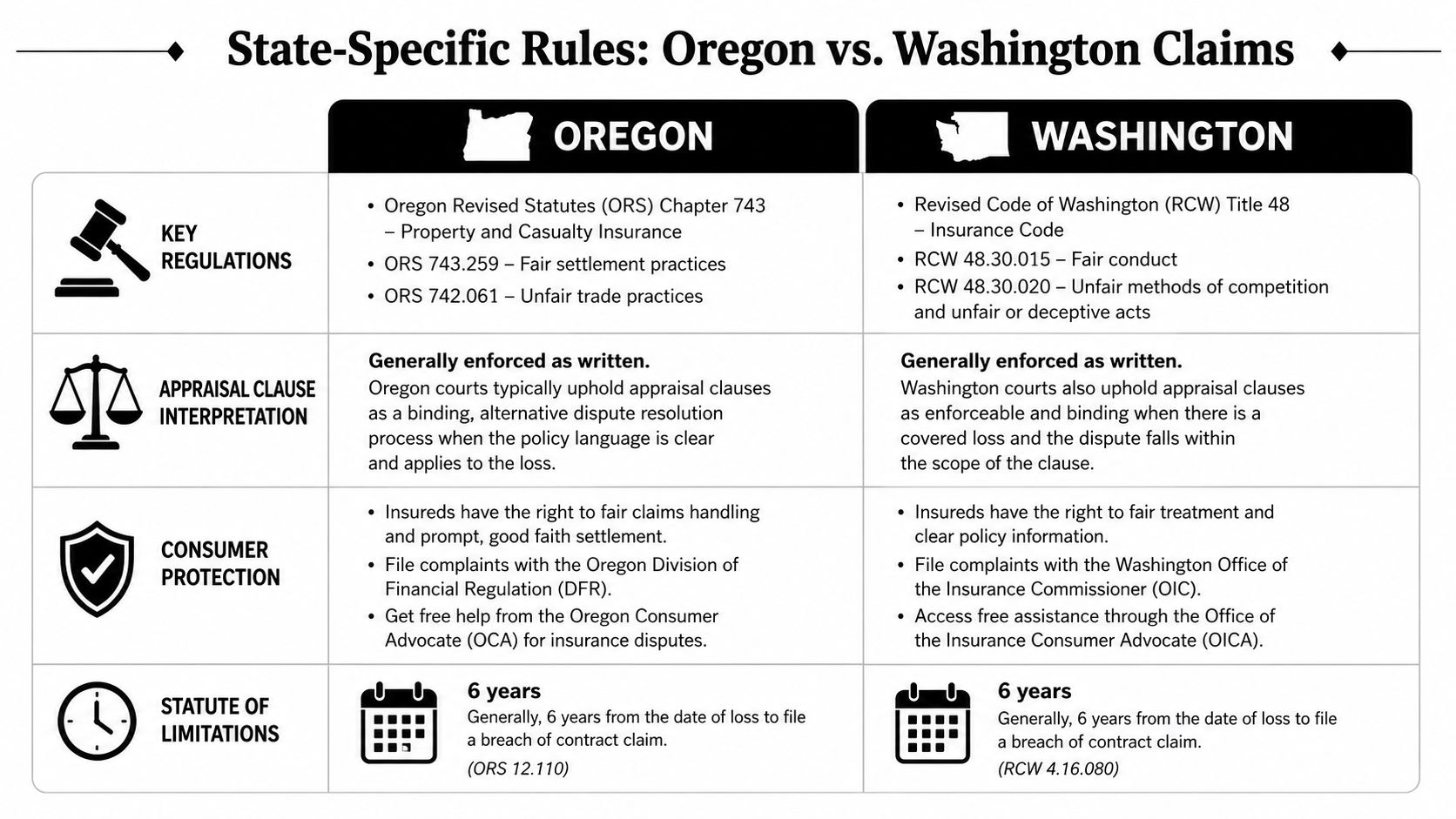 A comparison chart outlining insurance claim regulations, appraisal clauses, consumer protections, and statutes of limitations in Oregon and Washington.